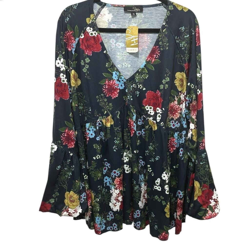 SUZANNE BETRO Top Womens Size 3X Floral Print V-Neck 3/4 Bell Sleeve Navy Blue
